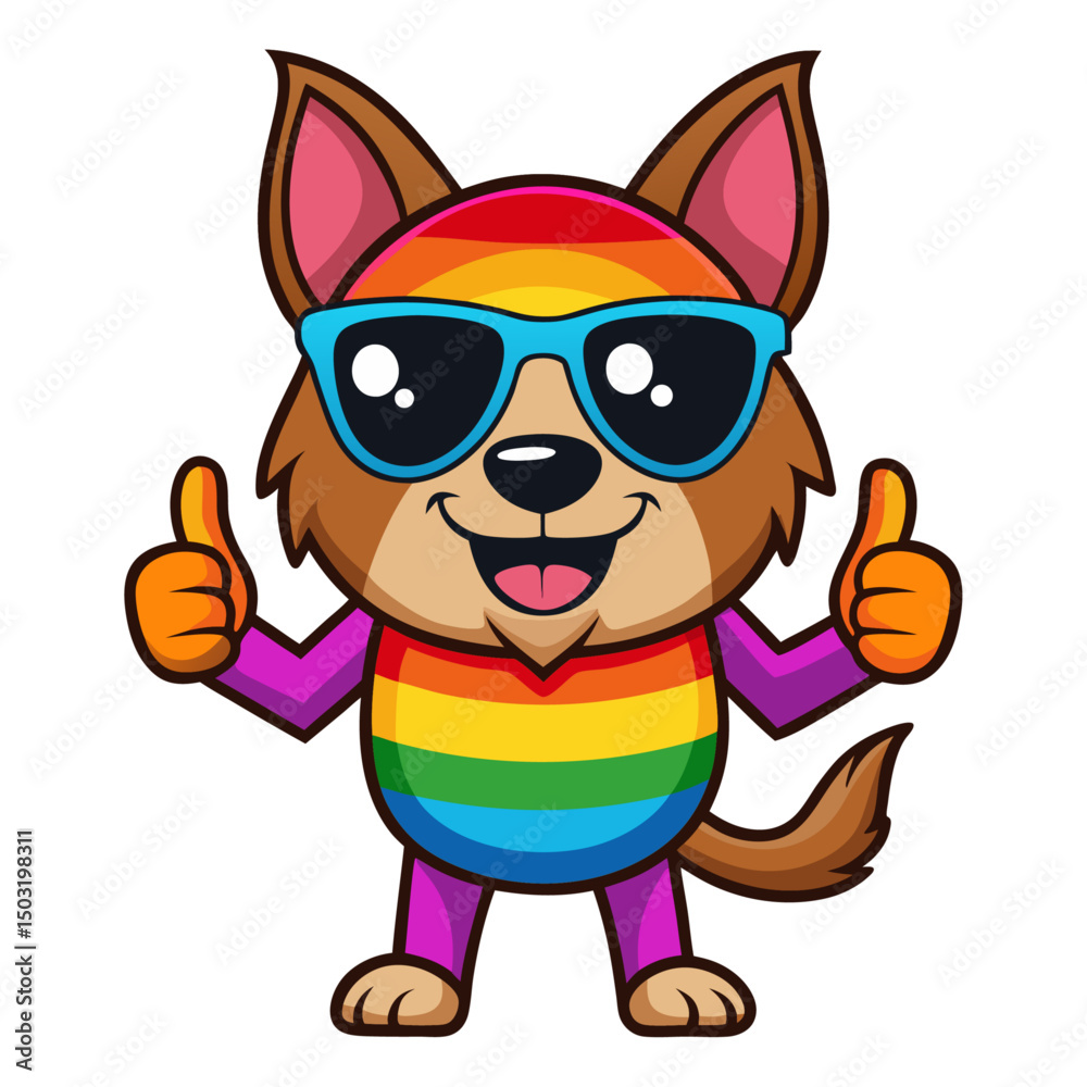 Naklejka premium A full-body of dog in rainbow-colored sunglasses giving a thumbs up with smile, showing approval
