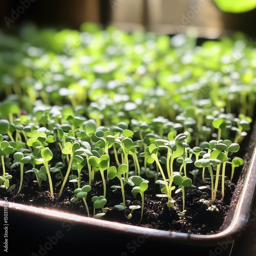 Fresh tray of vibrant green microgreens growing in rich dark soil with soft morning sunlight and gentle shadows