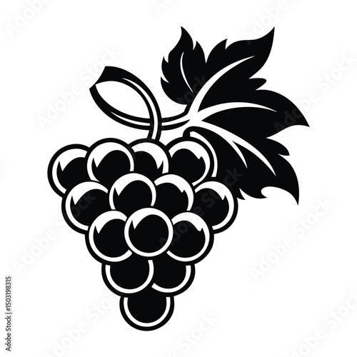 Grapes silhouette vector, Bunch of grapes with leaf, silhouette of grapes, Simple Grapes Silhouette Design on White
