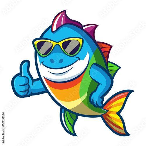 A full-body of fish in rainbow-colored sunglasses giving a thumbs up with smile, showing approval