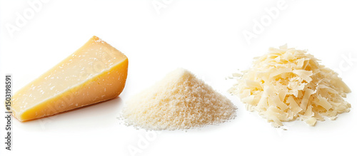 Parmesan cheese wedges - whole wedge, grated Parmesan pile, and shaved Parmesan curls photo