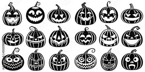 Halloween pumpkin face line art silhouettes.