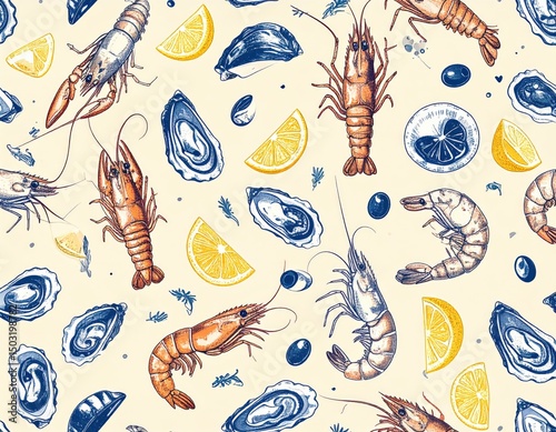 Seafood Sketch Pattern Oysters Shrimp Crawfish and Lemon Slices on Cream Background photo