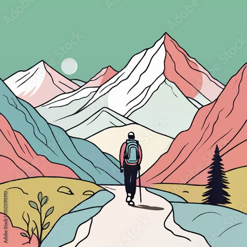 man hiking in the mountains cartoon vector illustration
