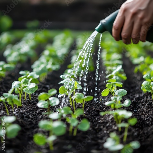 Gardener gently watering young seedlings with visible droplets on green leaves and moist soil in sunlit garden setting