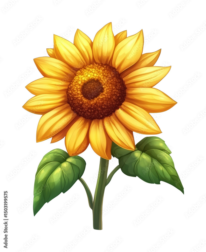 Fototapeta premium PNG Bright sunflower blooming with lush green leaves