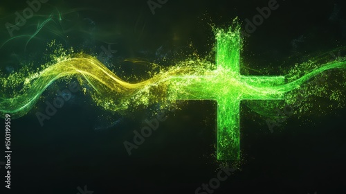 Abstract conceptual image of green cross transforming into glowing energy line, dark background, symbolizing health and healing
