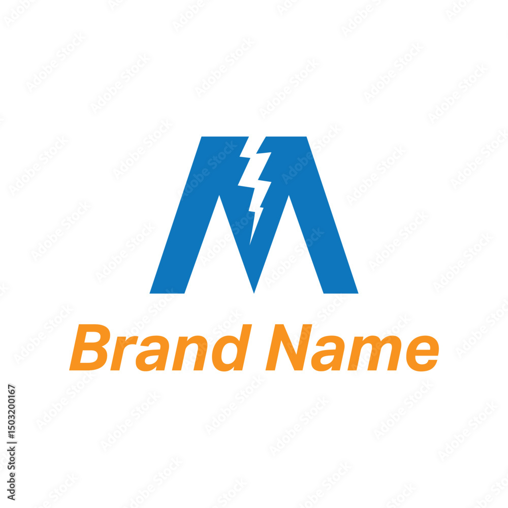 Fototapeta premium Vector business logo design featuring blue 3D cubes forming a letter symbol or internet icon for a new web company. M letter thunder bolt icon in negative space.
