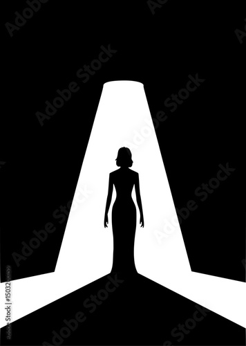 Silhouette of a Woman in Evening Gown Under Stage Spotlight – Illustration of a Singer or Performer on Stage -Woman Standing Under Spotlight