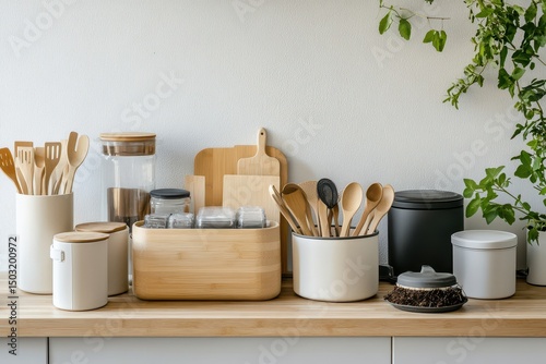 Eco-conscious kitchen counter with reusable containers, bamboo utensils, and compost bin in clean sustainable setting