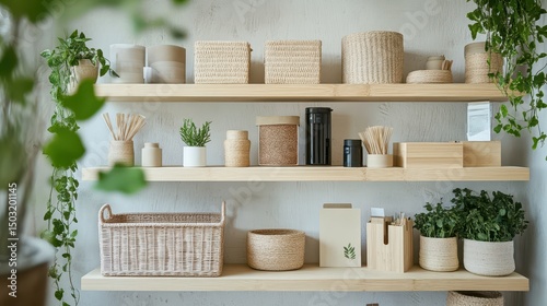 Eco-conscious shelf with sustainably sourced bamboo bins, recycled paper goods, and natural greenery
