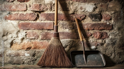 Old-fashioned wooden broom and metal dustpan against rustic brick wall with warm nostalgic lighting
