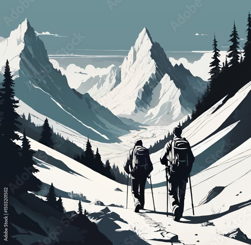 men hiking in mountain landscape vector illustration