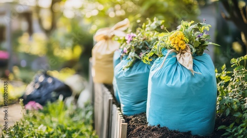 Biodegradable trash bags with organic waste beside compost bins, green sustainable lifestyle in bright natural lighting