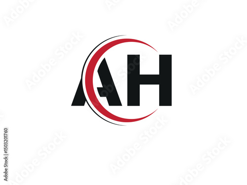 Vector NA logo design with circle shape. Black and Red color AH logo, Letter AH, HA letter logo design. Initial letter HA uppercase monogram logo.
