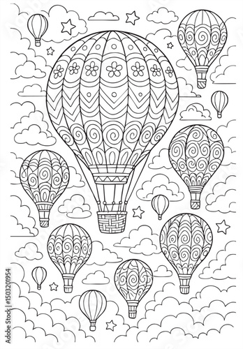 Whimsical coloring page with decorative hot air balloons, clouds, stars, and a smiling sun. Fun sky-themed illustration for kids.