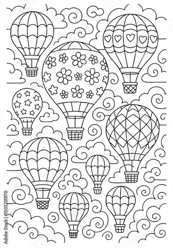 Whimsical coloring page with decorative hot air balloons, clouds, stars, and a smiling sun. Fun sky-themed illustration for kids.
