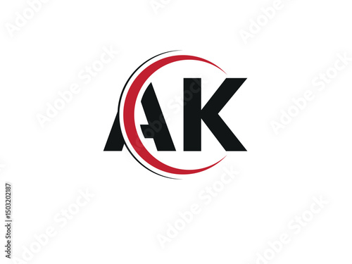 Vector AK logo design with circle shape. Black and Red color AK logo, Letter AK, KA letter logo design. Initial letter KA uppercase monogram logo.