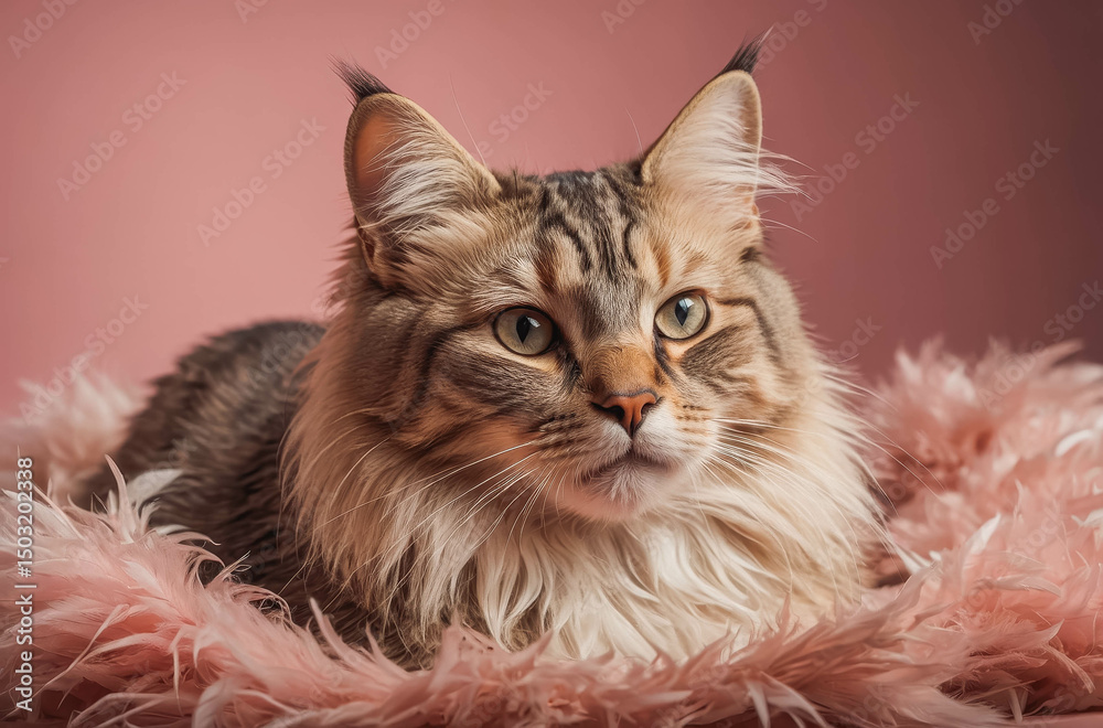 Obraz premium Adorable Fluffy Tabby Cat Portrait: Cute Domestic Feline in Pink Background - Playful Whiskers and Relaxed Muzzle Photography