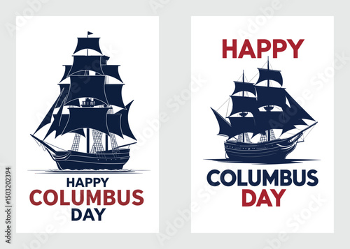 Happy Columbus Day With Silhouette Of Sailing Ship Vector Graphics