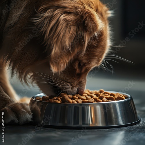 Cinematic photo of dog or cat eating from stylish pet bowl, dramatic lighting highlighting food texture and fur detail