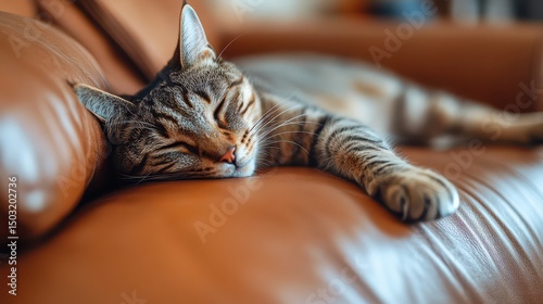 Close-up of relaxed cat stretched out on leather sofa, eyes half-closed, modern stylish interior background