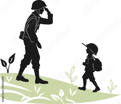 Silhouette of a soldier saluting a child a poignant farewell or reunion scene