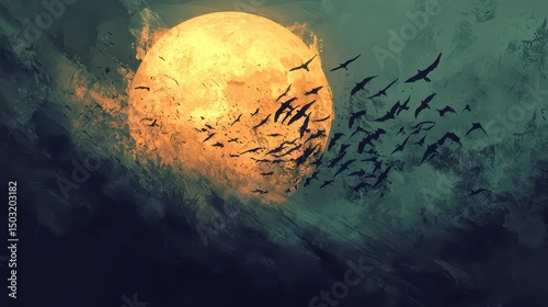 Digital painting of dark bird flock silhouette swirling in twilight sky with glowing moon in mystical atmospheric composition