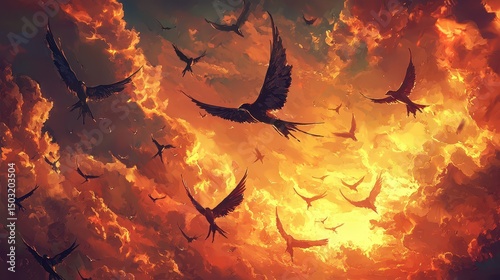 Digital painting of giant swallows flying through glowing twilight sky, surreal atmosphere with rich warm and cool tones, fantasy-inspired