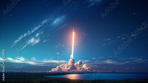 The rocket was successfully launched into space with a full moon, craters and stars in the background. Space Shuttle launches into outer space, the beginning of space mission concept
