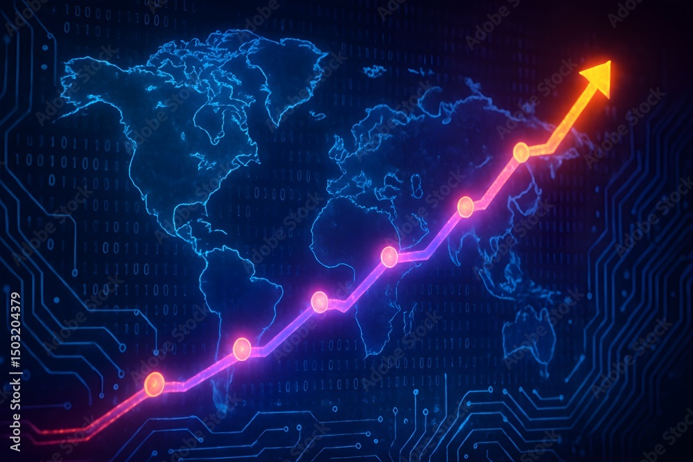 Global Rise, the world map, symbolizes the interconnectedness of the global economy, as a dynamic line graph ascends with optimism. Global Rise, the world map, symbolizes the interconnectedness of the global economy, as a dynamic line graph ascends with optimism.