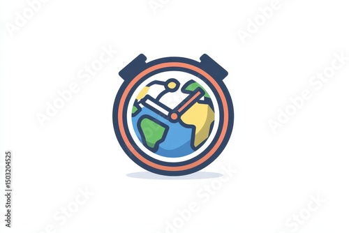 Minimalist vector art of globe with clock hands, flat colors, clean lines, ideal for environmental campaigns