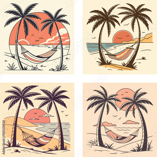 A beachside hammock between two palm trees with a retro sunset.