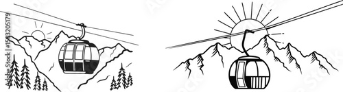 Mountain cable car line art, black and white gondola ride illustration.