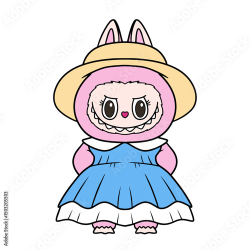 Cute The Monsters kawaii Girl Rabbit Pink on Vacation Style. Vector Illustration