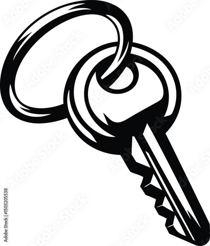 Key with a keyring silhouette vector illustration, black key with a keyring line art vector graphics design, key with a keyring vector logo icon design