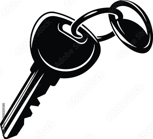Key with a keyring silhouette vector illustration, black key with a keyring line art vector graphics design, key with a keyring vector logo icon design