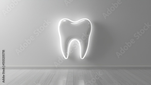 Photo, A smiling tooth logo with a shiny finish, placed on the wall of a modern dental office, gentle light illuminating the design, sleek and professional