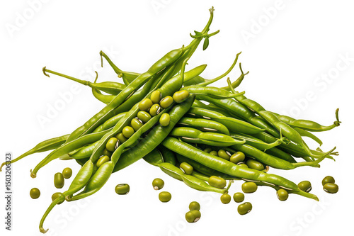 Fresh green mung beans in pods on black background