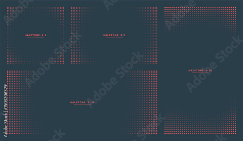 Vector halftone texture round frame set with circular dot gradients for various formats. Includes horizontal, vertical, wide, square layouts. Modern, eye-catching design for UI, print, or digital use