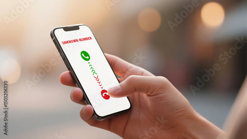 Person declining an incoming call from an unknown number on a mobile phone, suggesting spam or unwanted communication Ideal for articles about phone security.