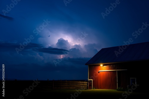 Dramatic lightning strike over a red barn at dusk