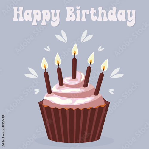 happy birthday card with cupcake and candles flat vector illustration.