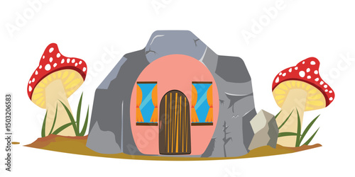 Fairytale cave with home entrance and two mushrooms