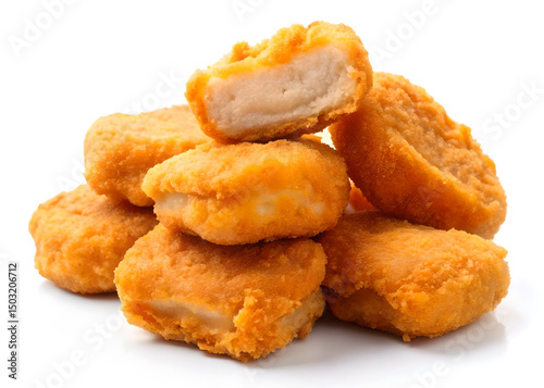Crispy golden chicken nuggets isolated on white background, arranged in an appetizing display.