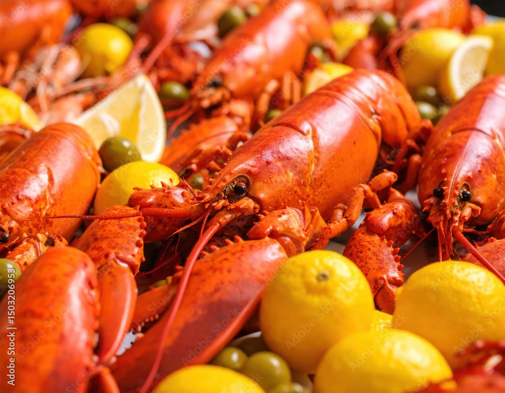 Vibrant Lobster Feast A Culinary Still Life with Lemons and Olives Vibrant Lobster Feast A Culinary Still Life with Lemons and Olives