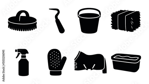 Horse care silhouette icons set – equestrian, grooming, and stable supplies