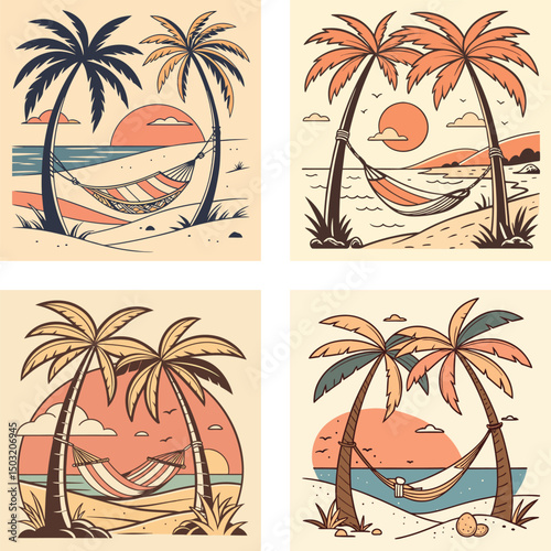 A beachside hammock between two palm trees with a retro sunset.