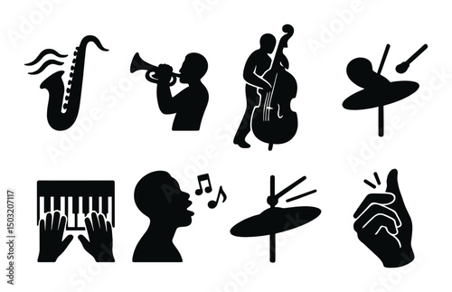 Jazz music icons set – silhouette, musical instruments, performance symbols