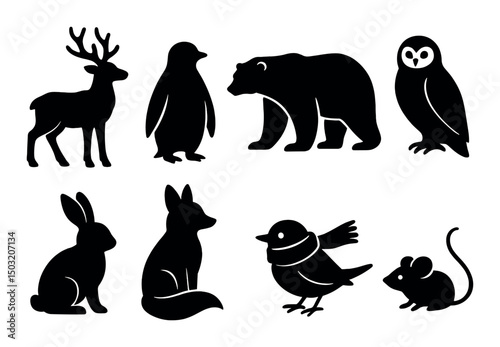 Christmas animals silhouette icons set – festive wildlife, holiday creatures design